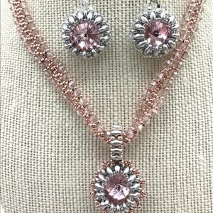 Pink beaded choker crystal pendant necklace - earrings‎ set handmade by OilNana